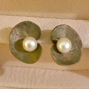 Vintage Verdigris Patina Lily Pad Earrings with Faux Pearl, Pierced Style